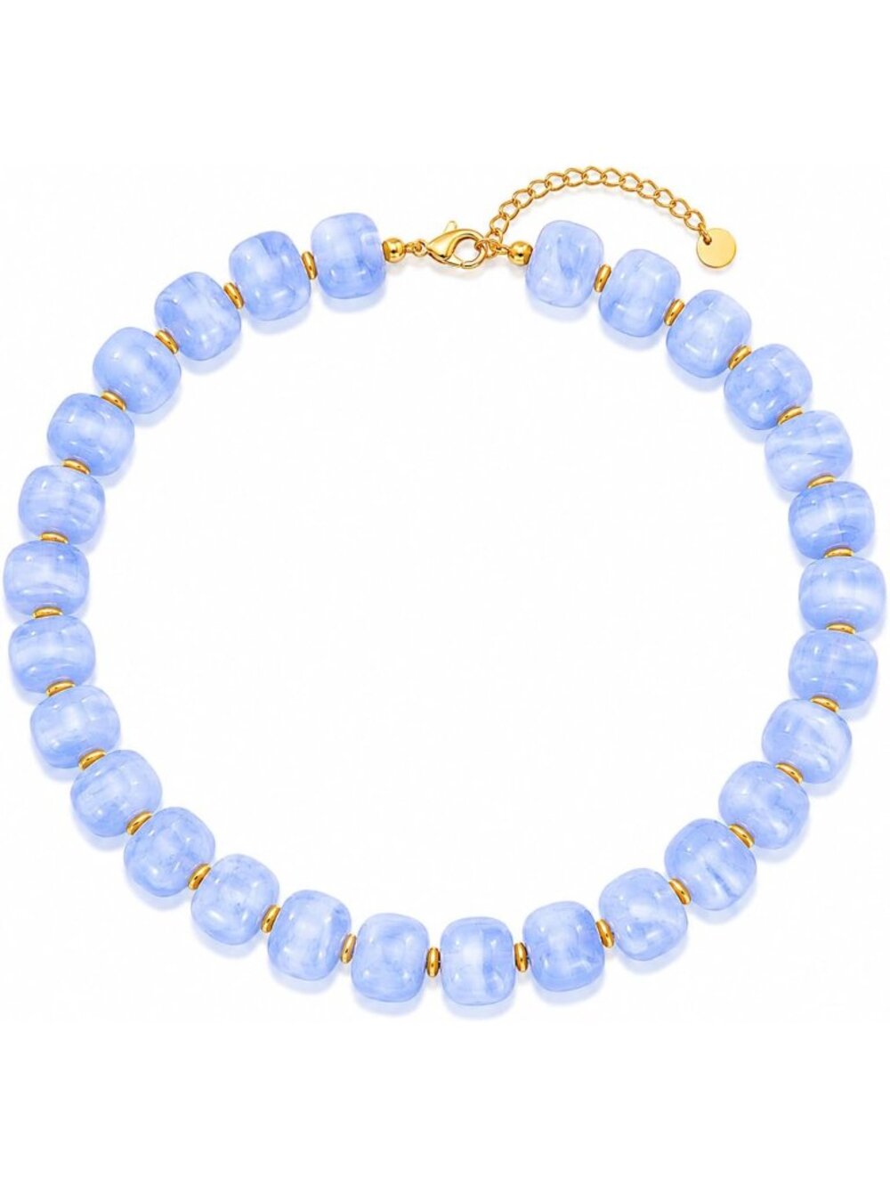 Women's Chunky Light Blue Beaded Necklace Marbled Resin Drum Bead Choker Jewelry